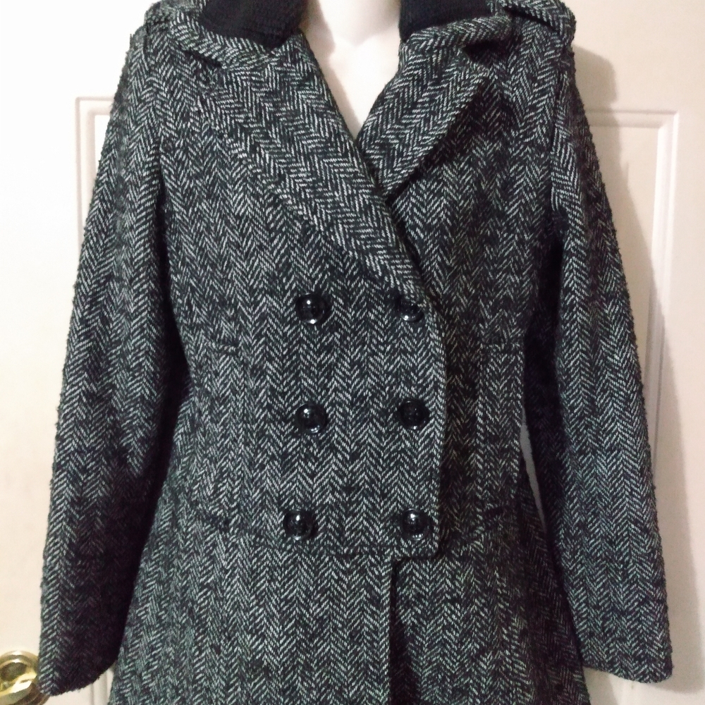 Vtg Herringbone 80s Punk Goth Alt Black Tweed Peacoat